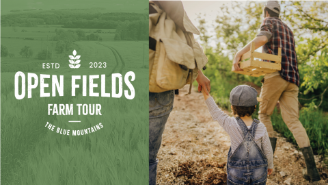 Open Fields Farm Tour. A family is shown in an orchard